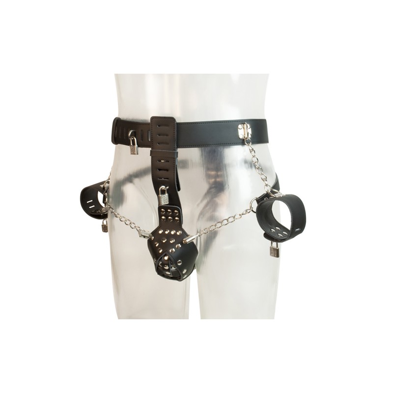 Leather Male Chastity Belt With Cuffs