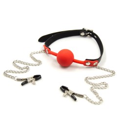 Premium Hush Locking Silicone Ball Gag With Nipple Clamps