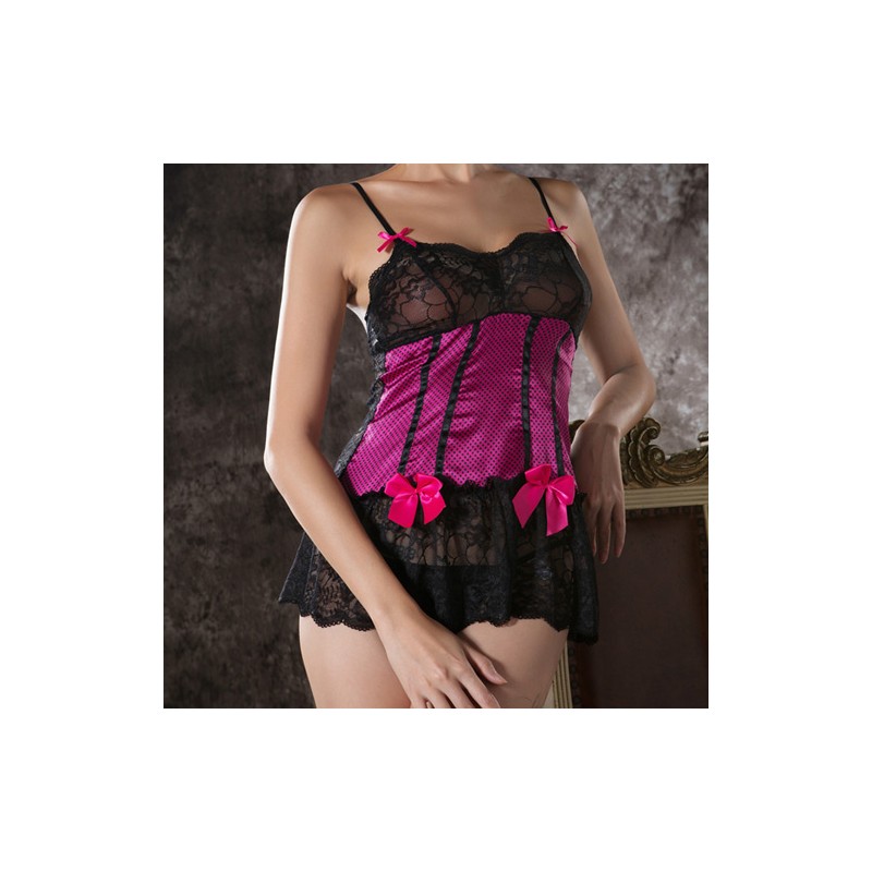 Ladylike Corset-style Bowknot Decorated Lace Babydoll Lingerie +