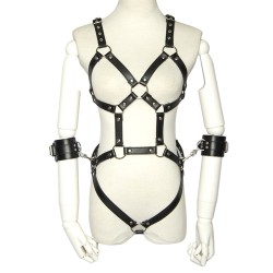 Open Breast Leather Body Harness with Cuffs