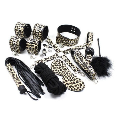 Lockable Leopard Print 10 Piece Bondage Kit