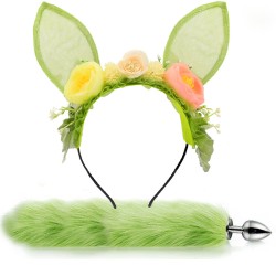 Spring Bunny Ears Headband With Tail Plug