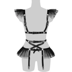 Lace Trim Buckled Leather Body Bondage With Garter Belt