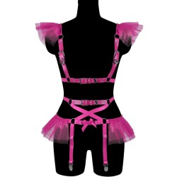 Lace Trim Buckled Leather Body Bondage With Garter Belt