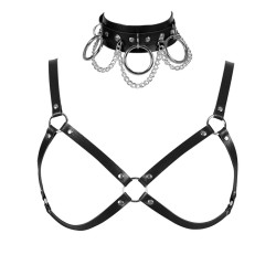 Ring Pendant Collar Cup-Less Bra Harness Set