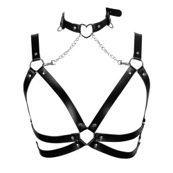 Metal Heart Leather Collar Spliced With Bra Harness