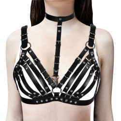 Women's Leather Vest Bra Harness With Collar