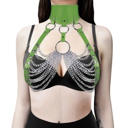 Wide Leather Collar With Bra Chain