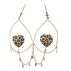 Leopard Heart Nipple Sticker With Bra Chain