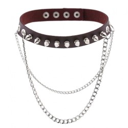 Rivet Spiked Leather Collar With Chain