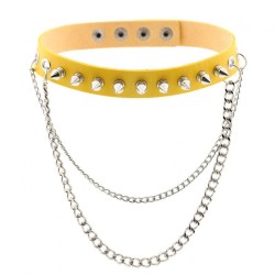 Rivet Spiked Leather Collar With Chain