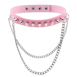 Rivet Spiked Leather Collar With Chain