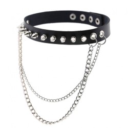 Rivet Spiked Leather Collar With Chain