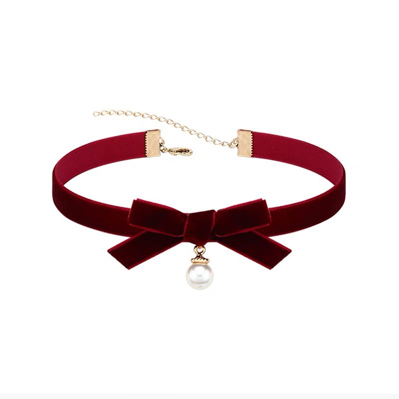 N325 Bow Pearl Velvet Collar