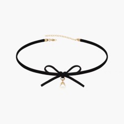 N326 Black Bow Suede Collar With Pearl