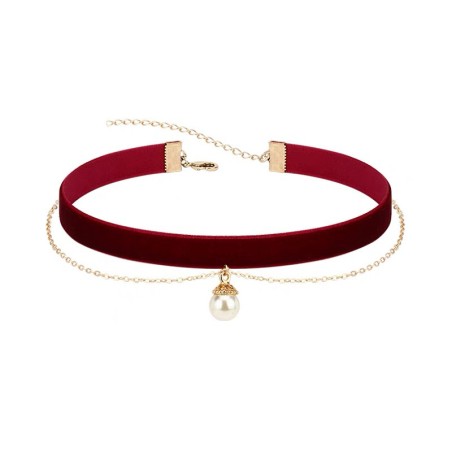 N321 Pearl Pendant Claret Velvet Collar