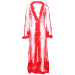 Long See-through Feather Mesh Night Robe