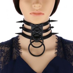 Three-row Black-ring Rivet Spiked Collar