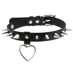 Spike Studded Heart Pendant Leather Collar