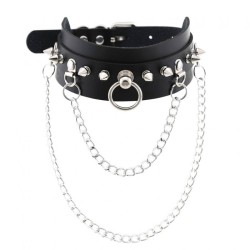 PU Leather Silver Nail Collar With Chain