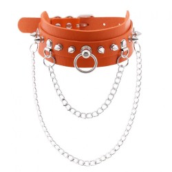 PU Leather Silver Nail Collar With Chain