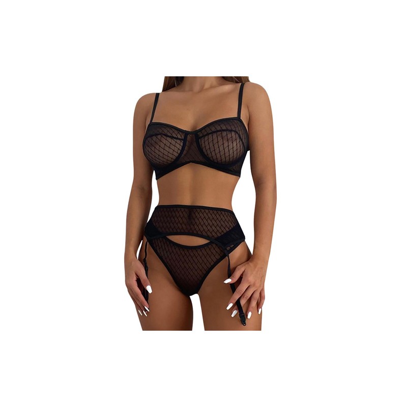 Pure Black Thransparent Bra And Panty With Garters Set