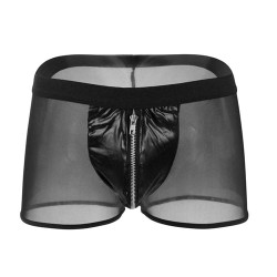 Strong Men Mesh Spliced With Faux Leanther Zipper Boxer Briefs