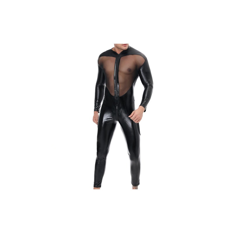 Men Transparent Faux Leather Spliced With Mesh Jampsuit