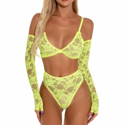 Deep V-neck Lace Strappy Bra And Panty Bikini With Oversleeves