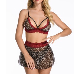 Wild Leopard Printed Mesh Hollowed-out Bra&amp;panty Dress Set