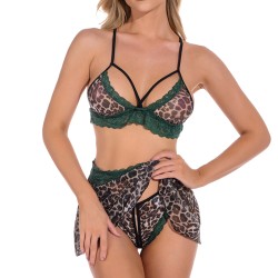 Wild Leopard Printed Mesh Hollowed-out Bra&amp;panty Dress Set