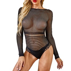 Women New Long Sleeves Hollowed-out Mesh Bodysuit