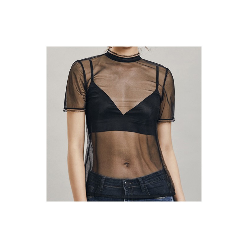 Black Transparent Back Hollowed-out Lace Tops