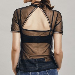 Black Transparent Back Hollowed-out Lace Tops