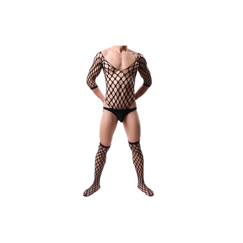 Black Elastic Fishnet One-piece Suit With Stockings