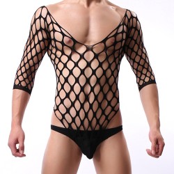 Black Elastic Fishnet One-piece Suit With Stockings