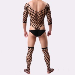 Black Elastic Fishnet One-piece Suit With Stockings