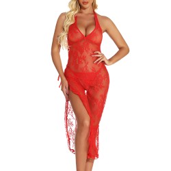 Alluring Red Halter See-through Lace Long Dress