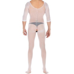 Pure White Crotchless Low Cut Jampsuit Teddy For Men