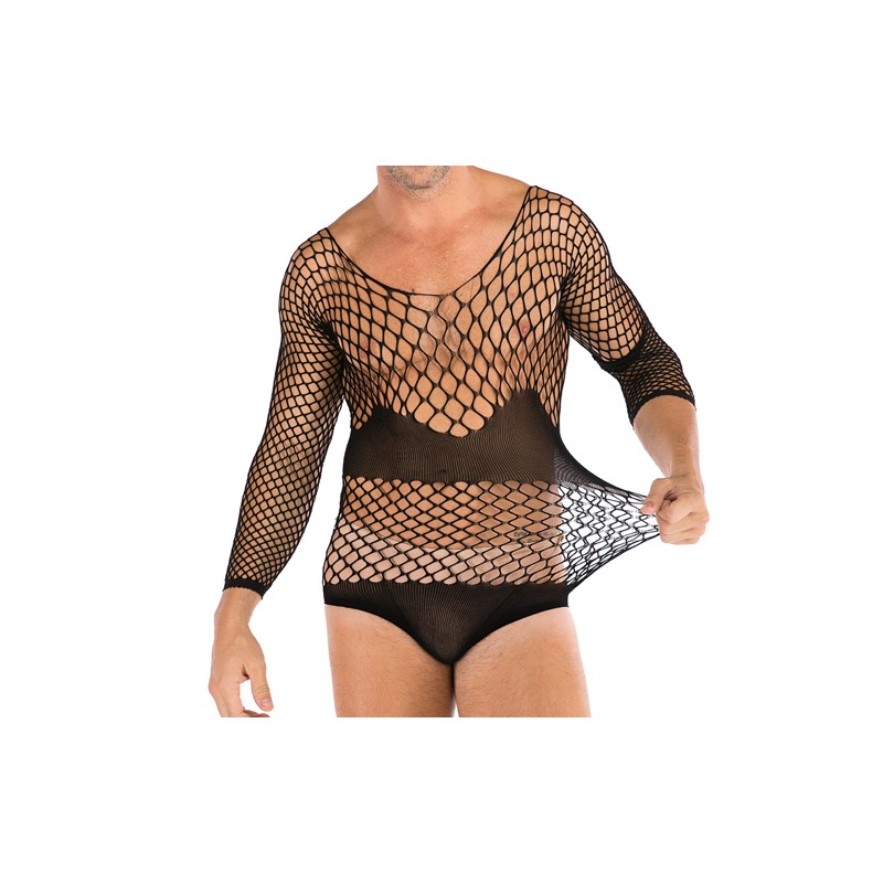 Erotic Men Fishnet Long sleeved Teddy Lingerie