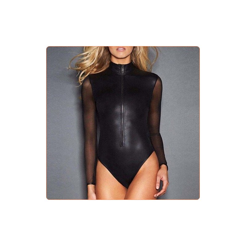 Pure Black Mesh Splicing Patent Leather Jampsuit Nightclub Suit