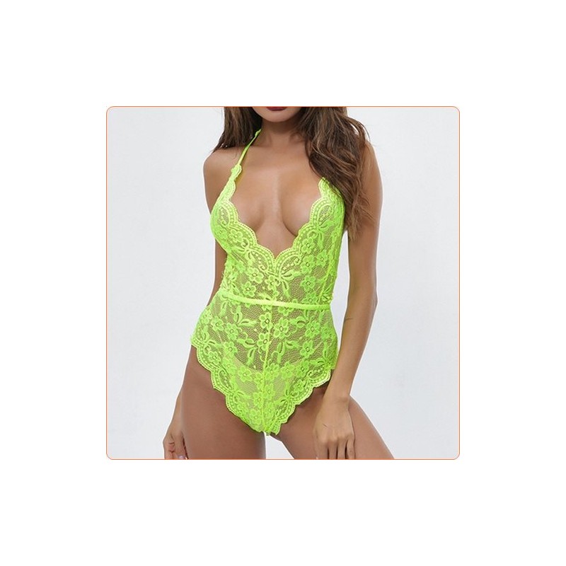 Bright-colored Deep V Neck Halter Lace Suit Jampsuit