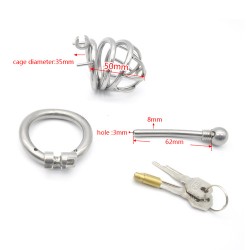 Bent Ring Chastity Cage with Metal Urethral Plug