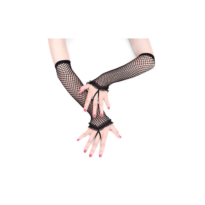 Sexy Black Lace Trim Fishnet Gloves