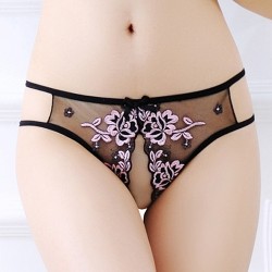 Women Embroidered See-through Crotchless T-back Hot Panty