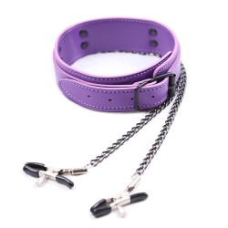 Purple Leather Collar With Nipple Clamps