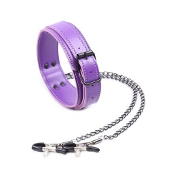 Purple Leather Collar With Nipple Clamps