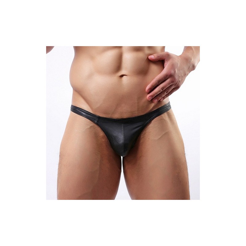 Simple Black Faux Leather Hot Men Briefs