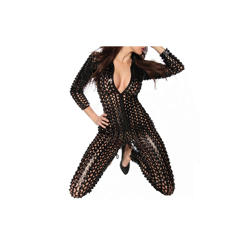 Slim Patent Leather Hollowed-out Dancing One-piece Suit