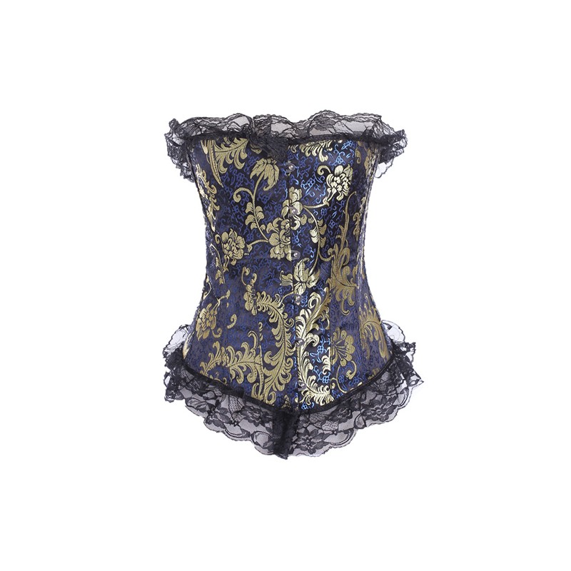 Royal Embroidered Lace Trim Buckled Sexy Corset With Thong